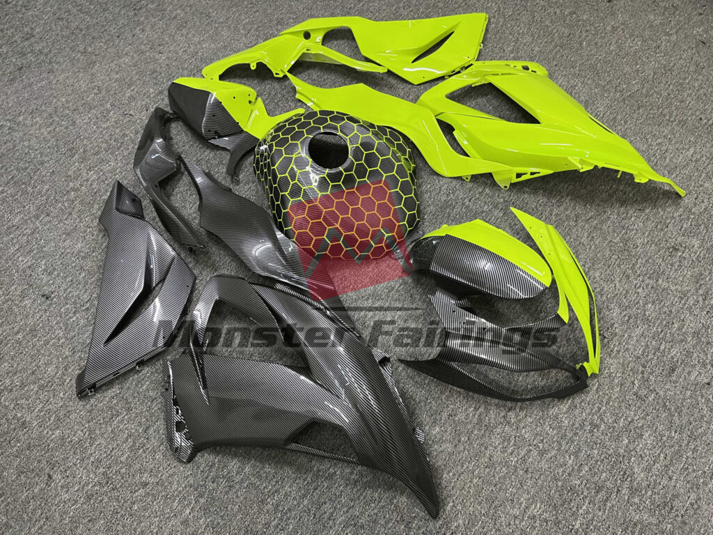 Gloss Carbon Fiber Style & High Vis Yellow Split ABS fairings for Kawasaki ZX6R 2013 - 2018 - premium OEM fit kit by Monster Fairings