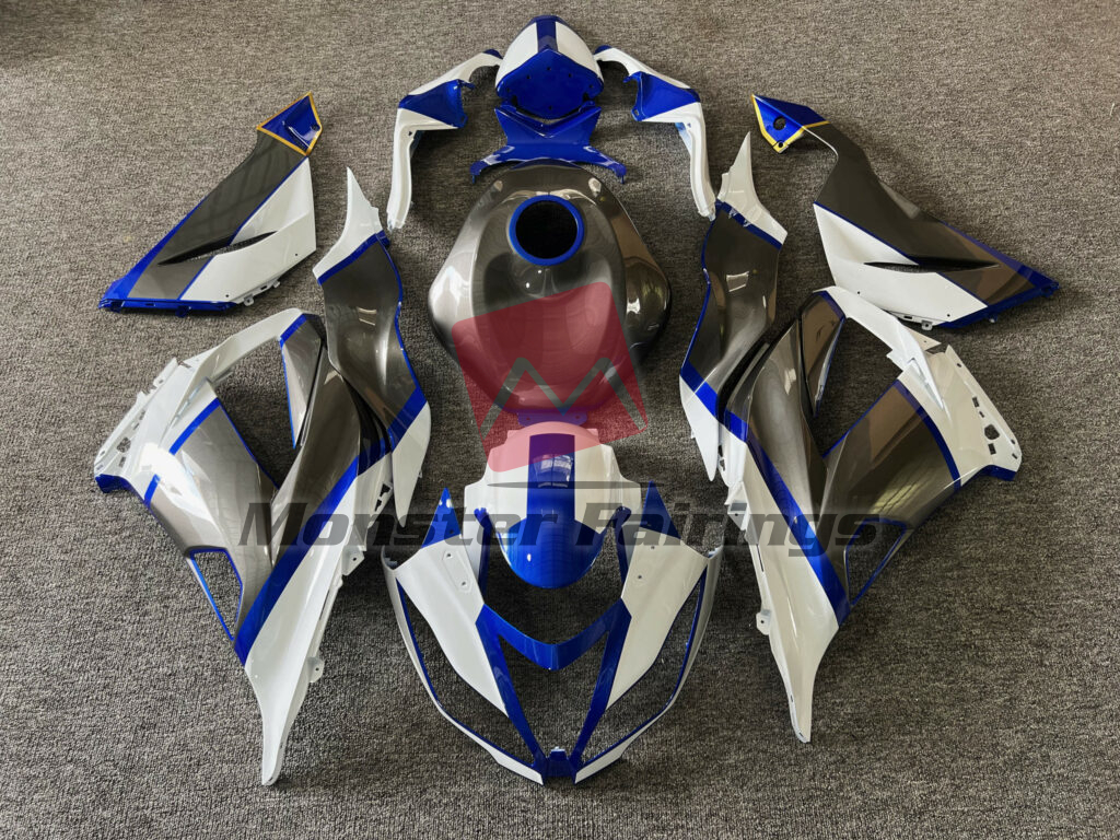Kawasaki ZX6R 2013 - 2018 Gloss White & Gray With Blue ABS fairings - custom motorcycle bodywork kit by Monster Fairings