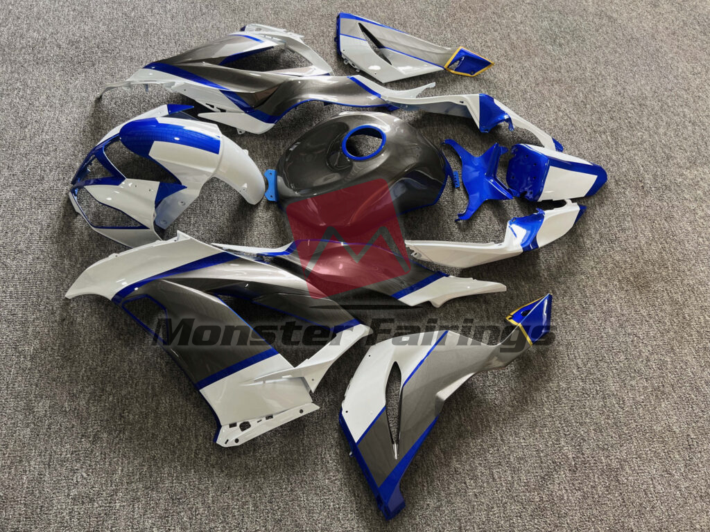 2013 - 2018 Kawasaki ZX6R Gloss White & Gray With Blue fairing set - ABS injection, custom painted by Monster Fairings