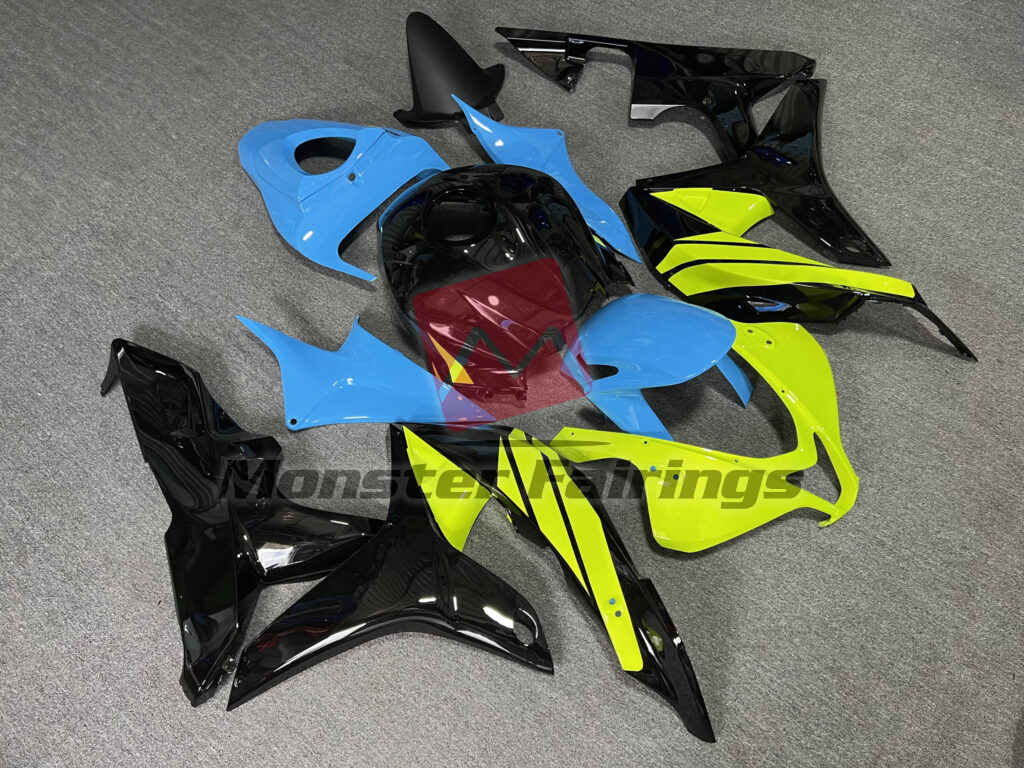 Honda CBR600RR custom ABS fairings 2007 - 2008 in Gloss Black With Light Blue & High Vis Yellow - durable replacement kit, Monster Fairings