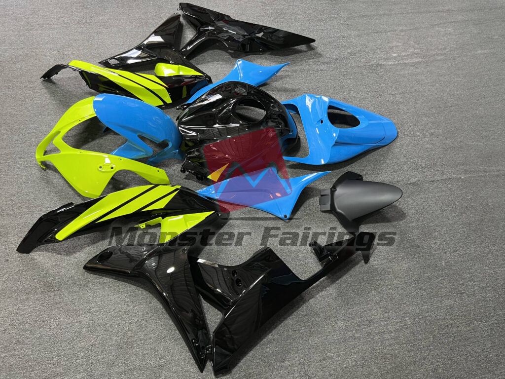 2007 - 2008 Honda CBR600RR Gloss Black With Light Blue & High Vis Yellow fairing set - ABS injection, custom painted by Monster Fairings