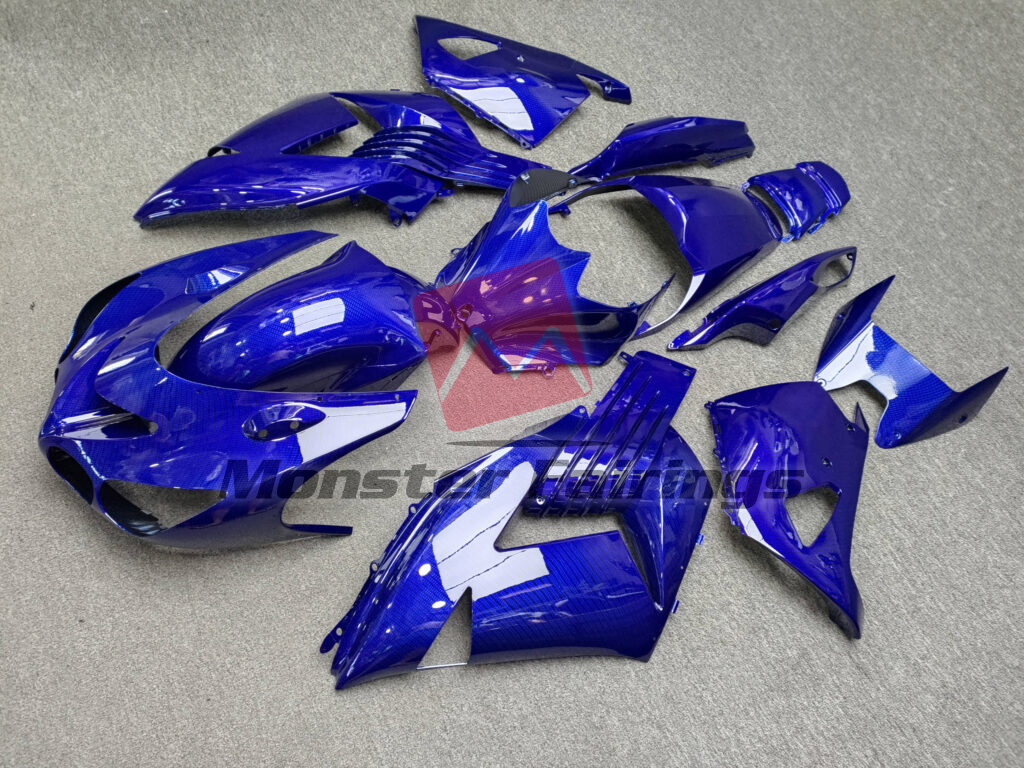 2006 - 2011 Kawasaki ZX14R Gloss Blue Carbon Fiber Style fairing set - ABS injection, custom painted by Monster Fairings