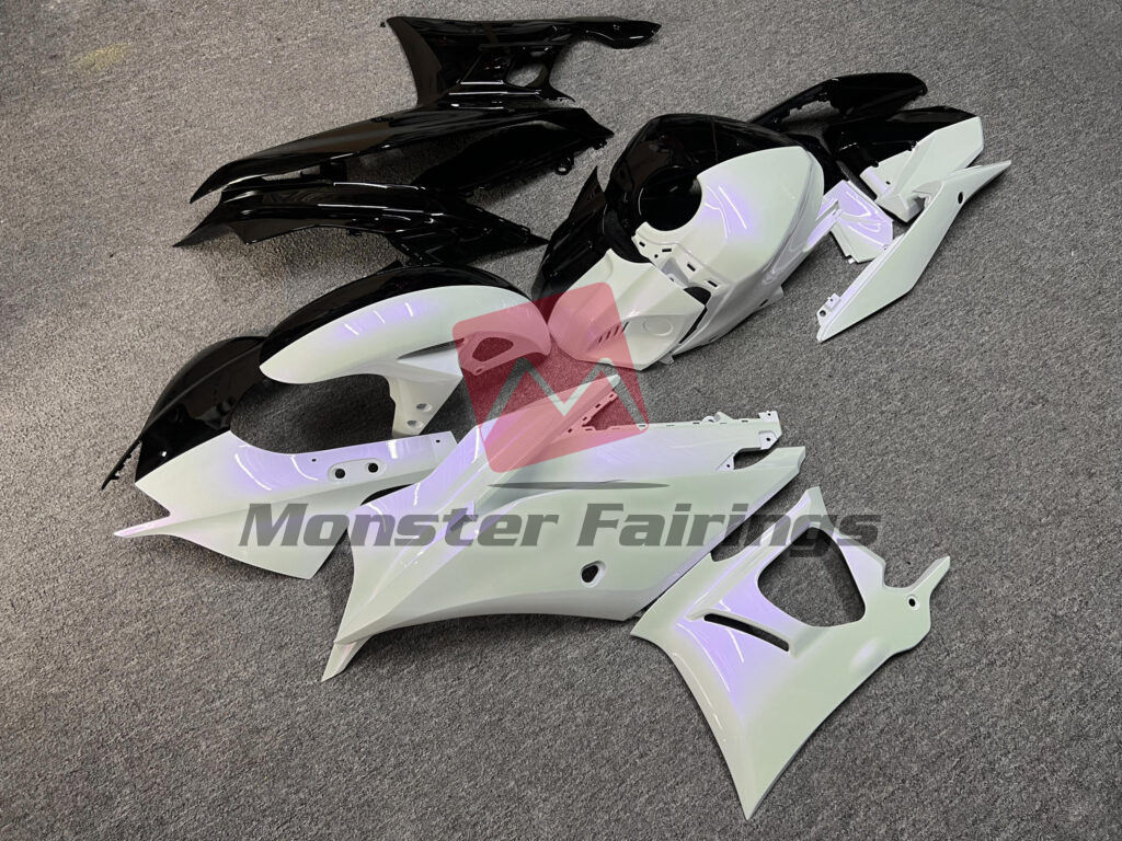 Yamaha R3 custom ABS fairings 2019 - 2021 in Gloss Black & Pearl White With Purple Flakes Split - durable replacement kit, Monster Fairings