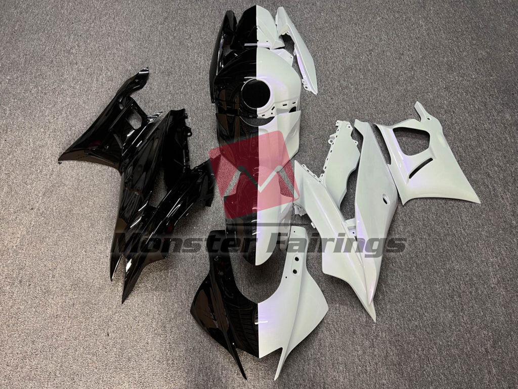 Yamaha R3 2019 - 2021 Gloss Black & Pearl White With Purple Flakes Split ABS fairings - custom motorcycle bodywork kit by Monster Fairings