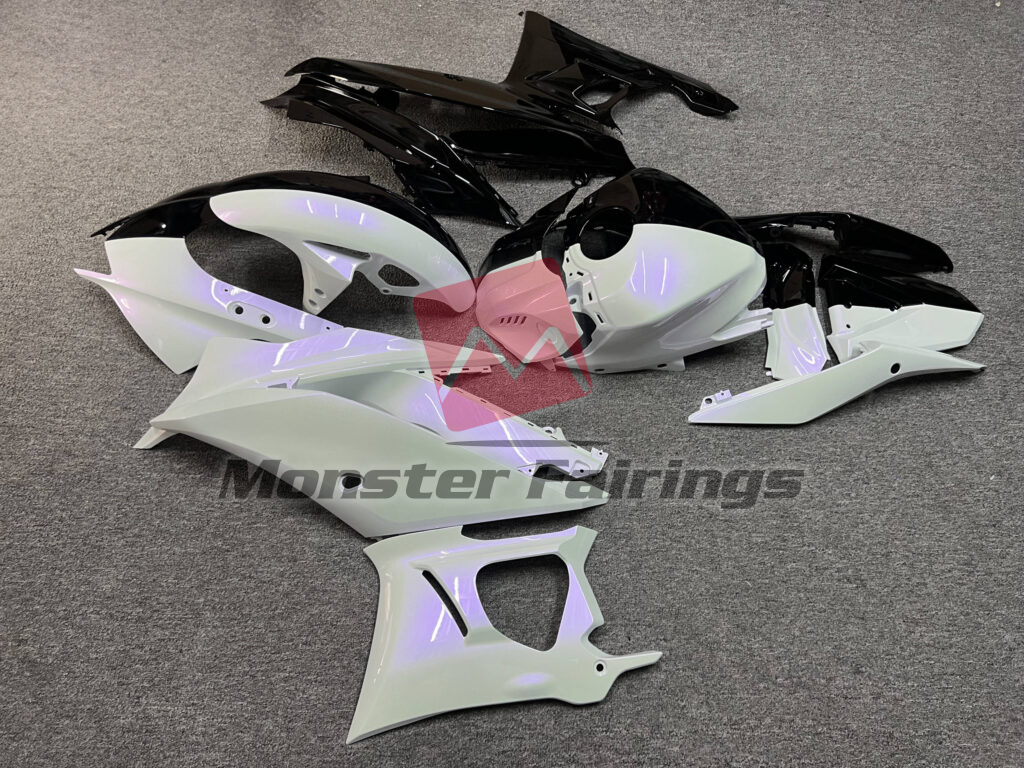 2019 - 2021 Yamaha R3 Gloss Black & Pearl White With Purple Flakes Split fairing set - ABS injection, custom painted by Monster Fairings