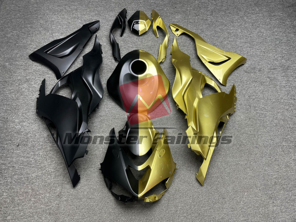 Kawasaki ZX6R 2024 - 2025 Matte Black & Gloss Gold Split ABS fairings - custom motorcycle bodywork kit by Monster Fairings