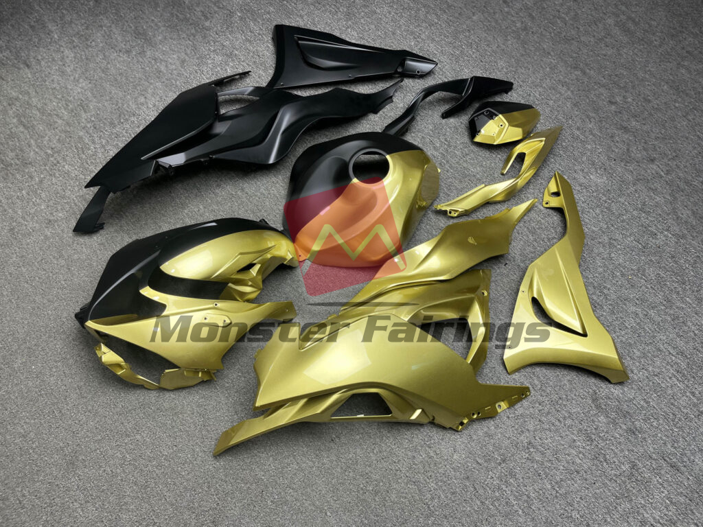 Kawasaki ZX6R 2024 - 2025 ABS fairings, Matte Black & Gloss Gold Split - high - quality motorcycle kit by Monster Fairings