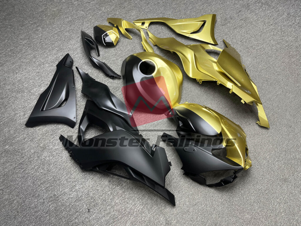 Monster Fairings ABS fairing kit for Kawasaki ZX6R 2024 - 2025 - Matte Black & Gloss Gold Split, precise OEM fit