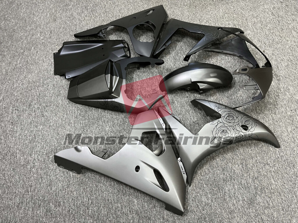 Yamaha R6 2003 - 2004 ABS fairings, Matte Black & Gray Roses Split - high - quality motorcycle kit by Monster Fairings