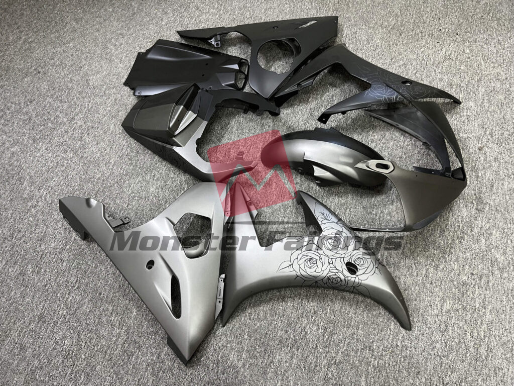 Monster Fairings ABS fairing kit for Yamaha R6 2003 - 2004 - Matte Black & Gray Roses Split, precise OEM fit