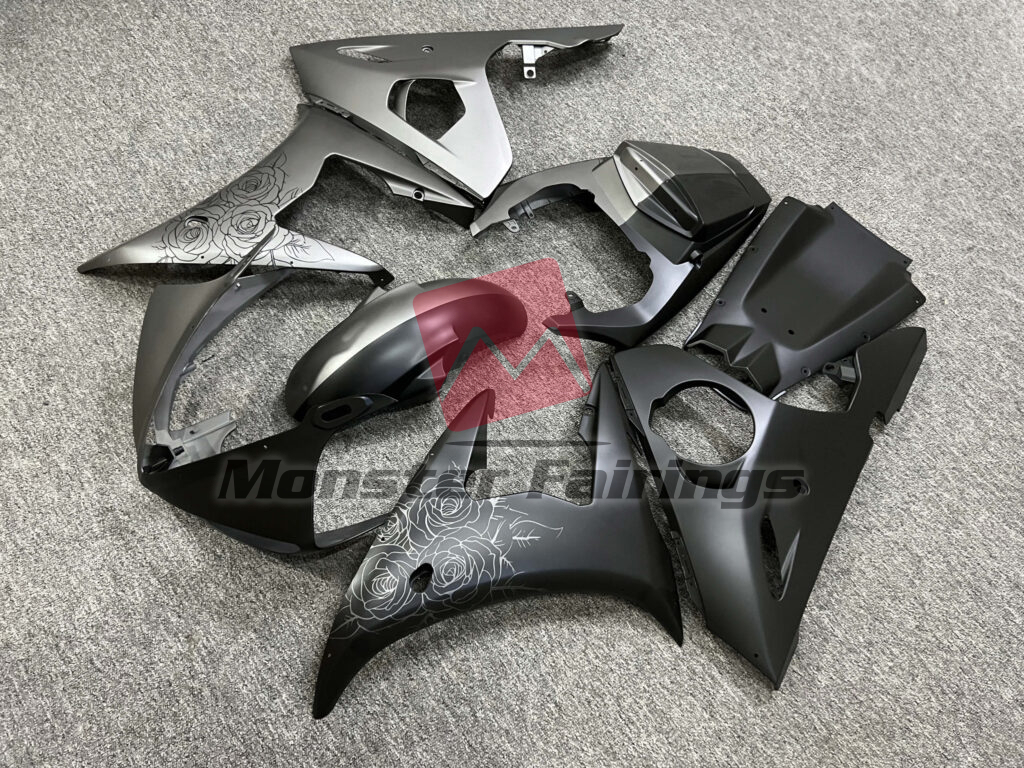 2003 - 2004 Yamaha R6 Matte Black & Gray Roses Split fairing set - ABS injection, custom painted by Monster Fairings