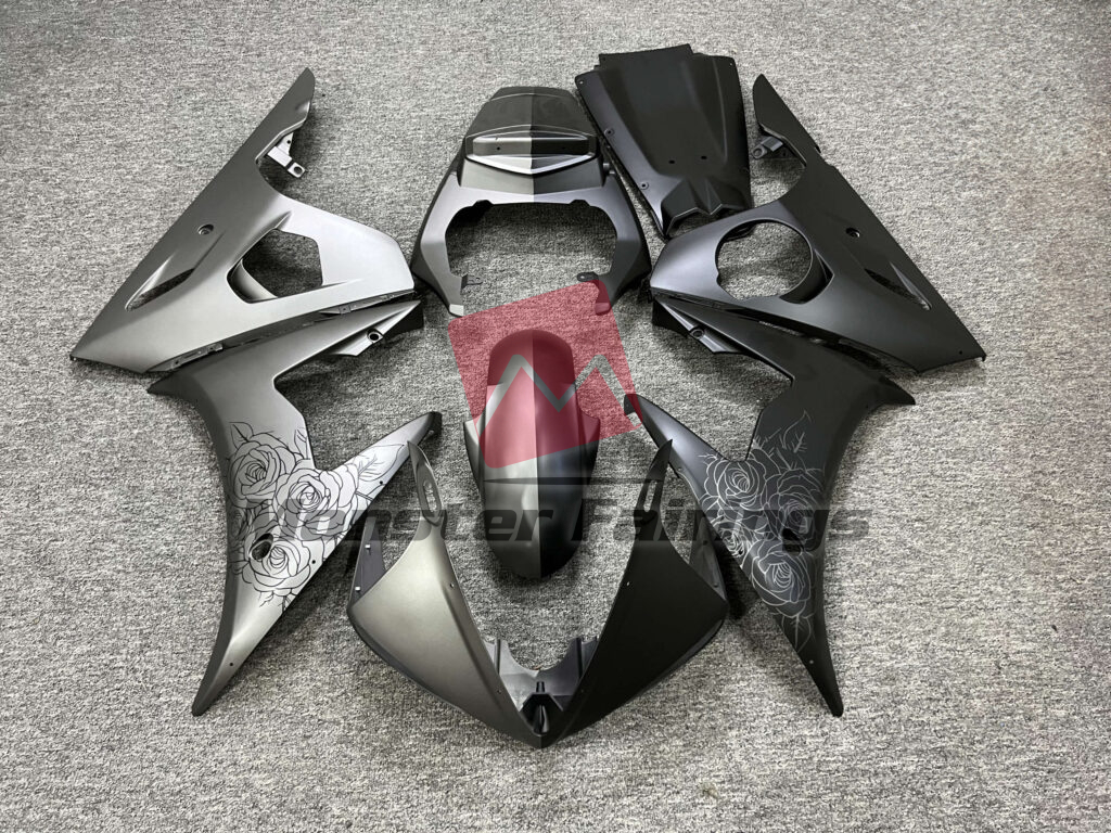 Yamaha R6 2003 - 2004 Matte Black & Gray Roses Split ABS fairings - custom motorcycle bodywork kit by Monster Fairings