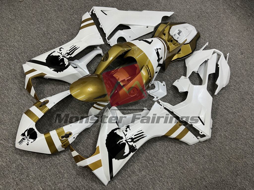 Honda CBR1000RR custom ABS fairings 2017 - 2025 in Gloss Pearl White & Gold With Black Skull - durable replacement kit, Monster Fairings