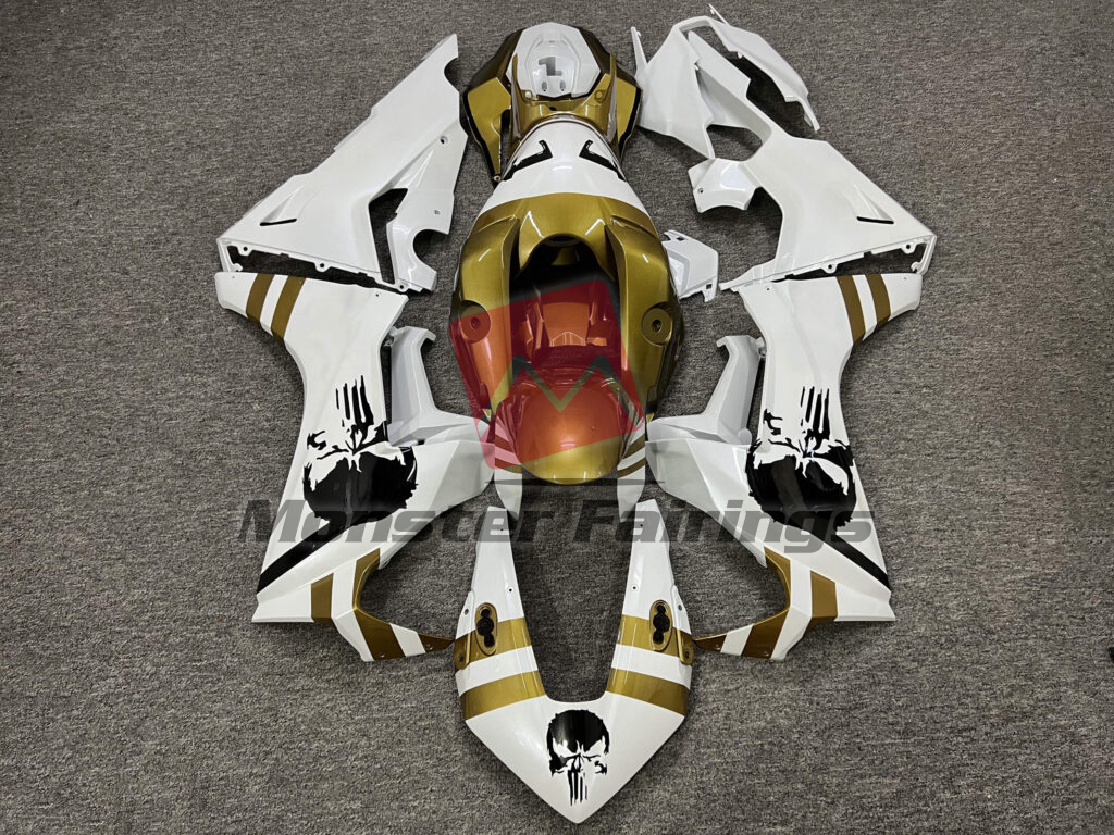 Honda CBR1000RR 2017 - 2025 Gloss Pearl White & Gold With Black Skull ABS fairings - custom motorcycle bodywork kit by Monster Fairings