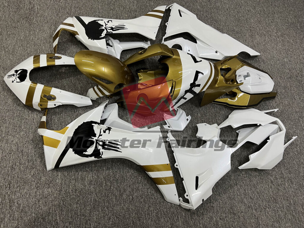 2017 - 2025 Honda CBR1000RR Gloss Pearl White & Gold With Black Skull fairing set - ABS injection, custom painted by Monster Fairings