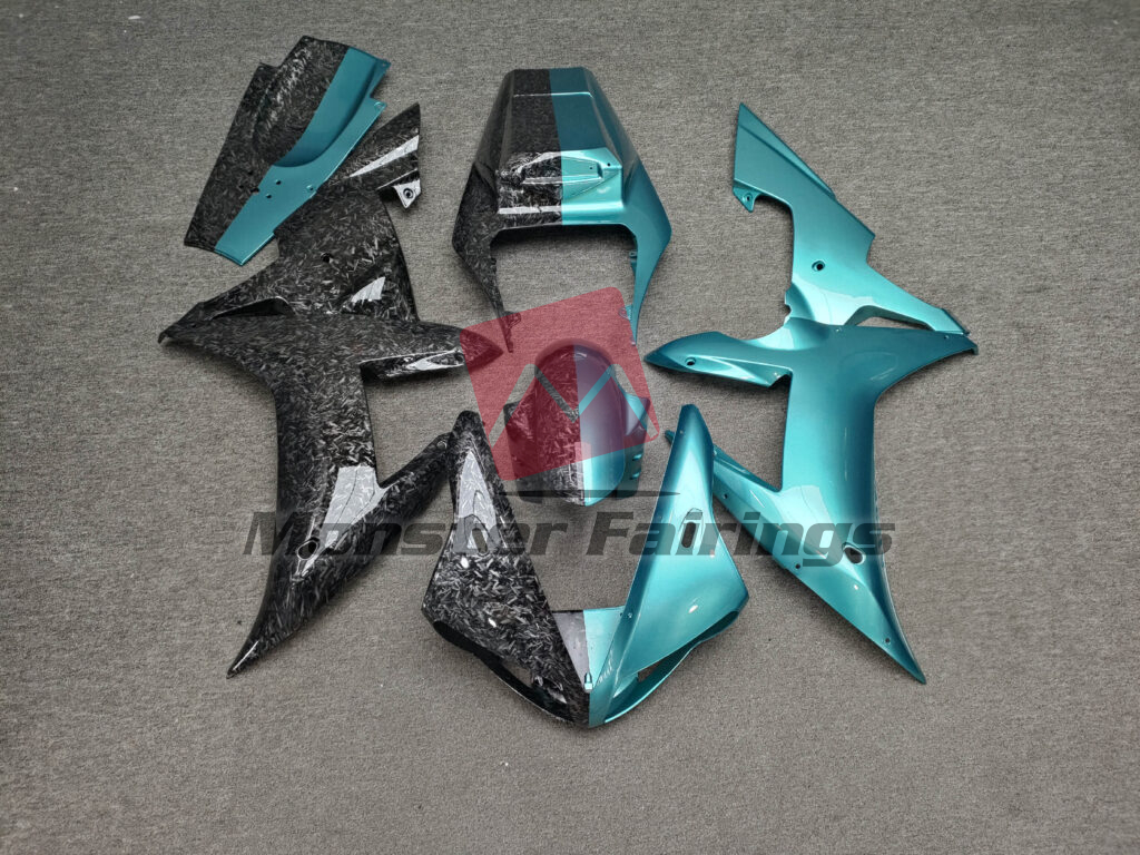 Yamaha R1 2002 - 2003 Gloss Teal & Forged Carbon Fiber Style Split ABS fairings - custom motorcycle bodywork kit by Monster Fairings
