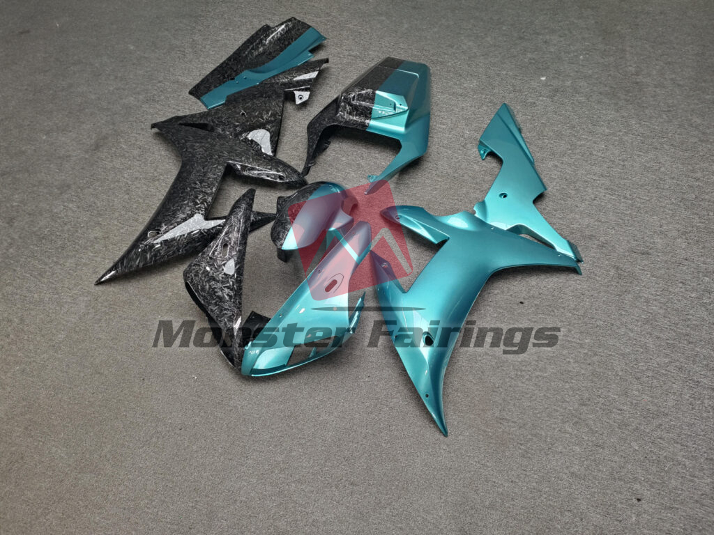 Yamaha R1 custom ABS fairings 2002 - 2003 in Gloss Teal & Forged Carbon Fiber Style Split - durable replacement kit, Monster Fairings
