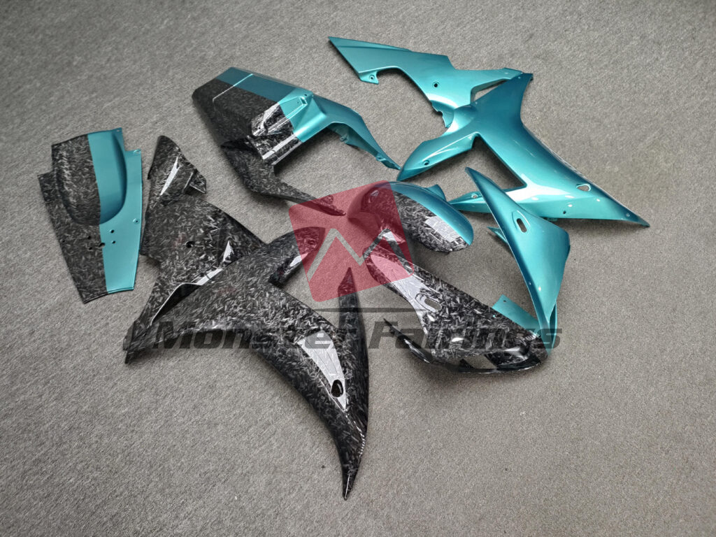 Gloss Teal & Forged Carbon Fiber Style Split ABS fairings for Yamaha R1 2002 - 2003 - premium OEM fit kit by Monster Fairings