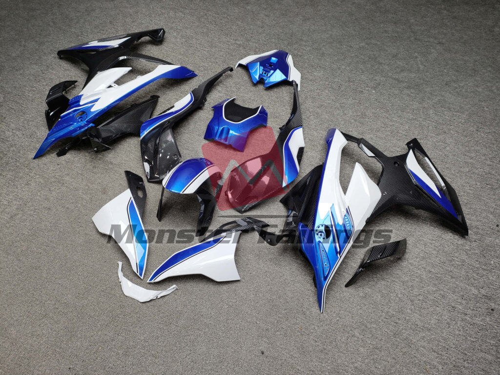 2023 - 2024 BMW S1000RR Gloss White & Blue With Carbon Fiber Style fairing set - ABS injection, custom painted by Monster Fairings