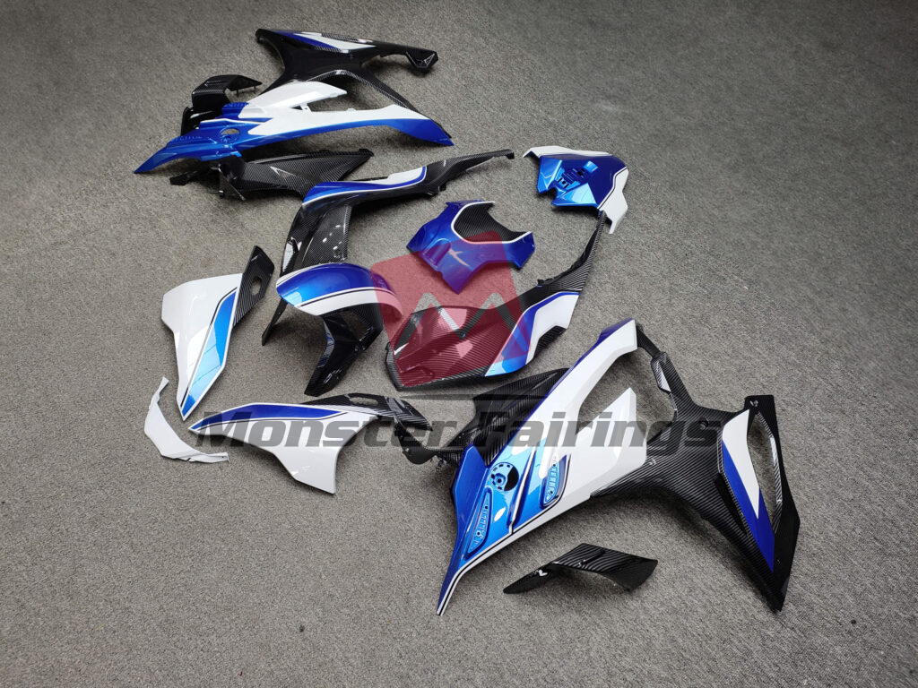 BMW S1000RR custom ABS fairings 2023 - 2024 in Gloss White & Blue With Carbon Fiber Style - durable replacement kit, Monster Fairings