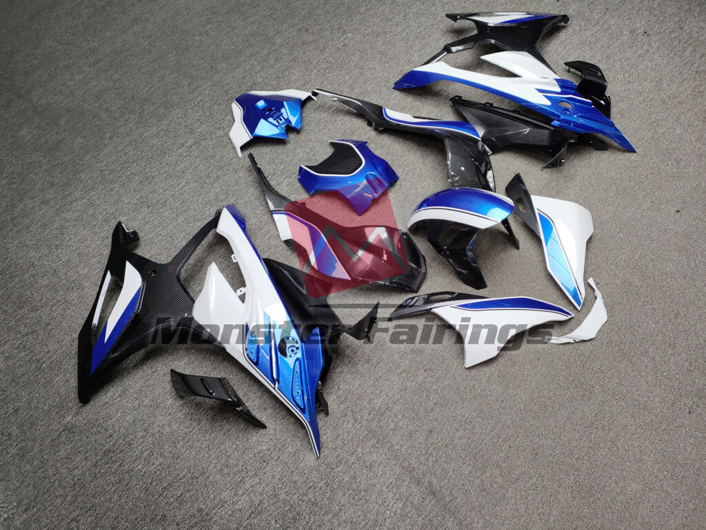 Gloss White & Blue With Carbon Fiber Style ABS fairings for BMW S1000RR 2023 - 2024 - premium OEM fit kit by Monster Fairings