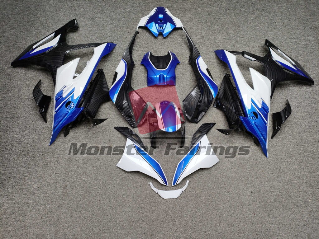 BMW S1000RR 2023 - 2024 Gloss White & Blue With Carbon Fiber Style ABS fairings - custom motorcycle bodywork kit by Monster Fairings