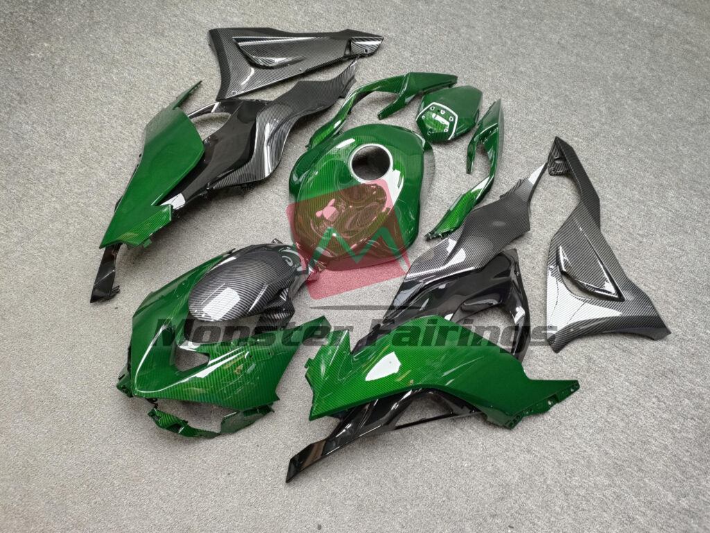 Kawasaki ZX6R custom ABS fairings 2024 - 2025 in Gloss Black & Green Carbon Fiber Style - durable replacement kit, Monster Fairings