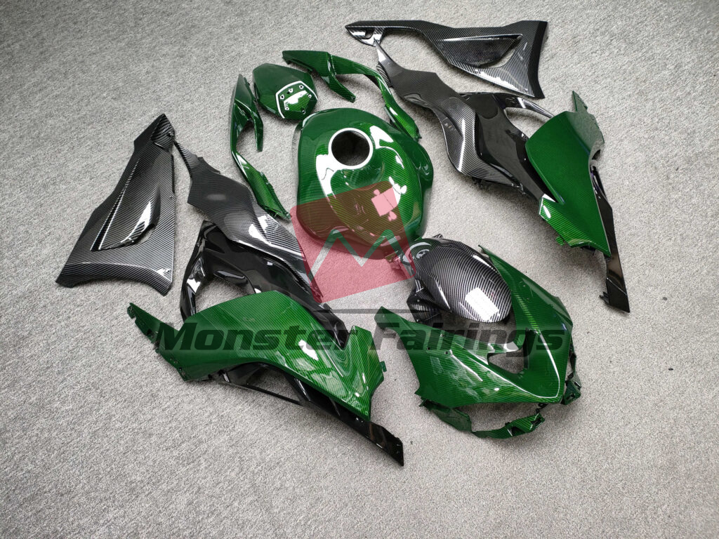 Gloss Black & Green Carbon Fiber Style ABS fairings for Kawasaki ZX6R 2024 - 2025 - premium OEM fit kit by Monster Fairings
