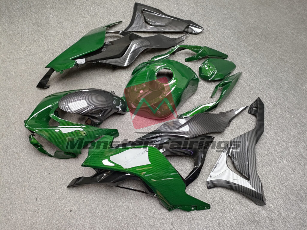 2024 - 2025 Kawasaki ZX6R Gloss Black & Green Carbon Fiber Style fairing set - ABS injection, custom painted by Monster Fairings