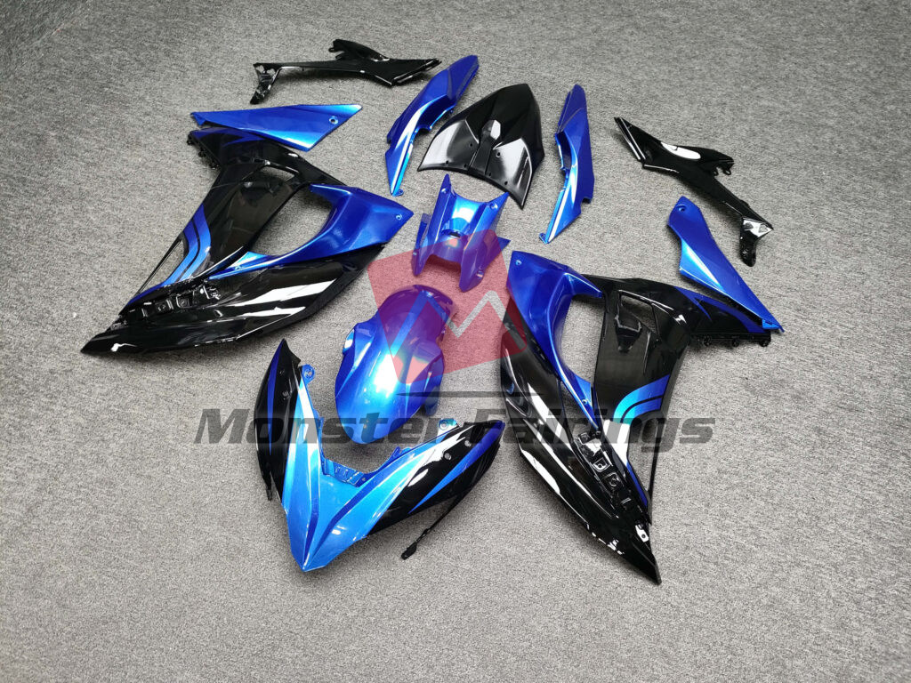 2017 - 2019 Kawasaki Ninja 650R Gloss Black & Electric Blue fairing set - ABS injection, custom painted by Monster Fairings