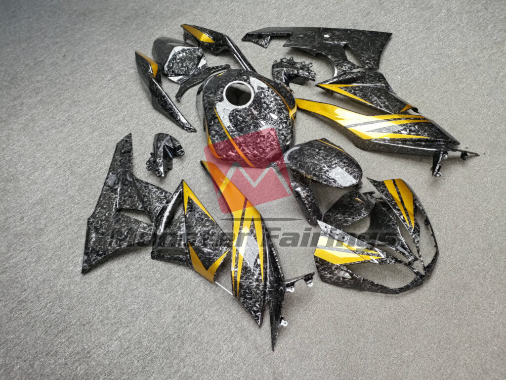 Kawasaki ZX6R custom ABS fairings 2009 - 2012 in Gloss Forged Carbon Fiber Style With Gold - durable replacement kit, Monster Fairings