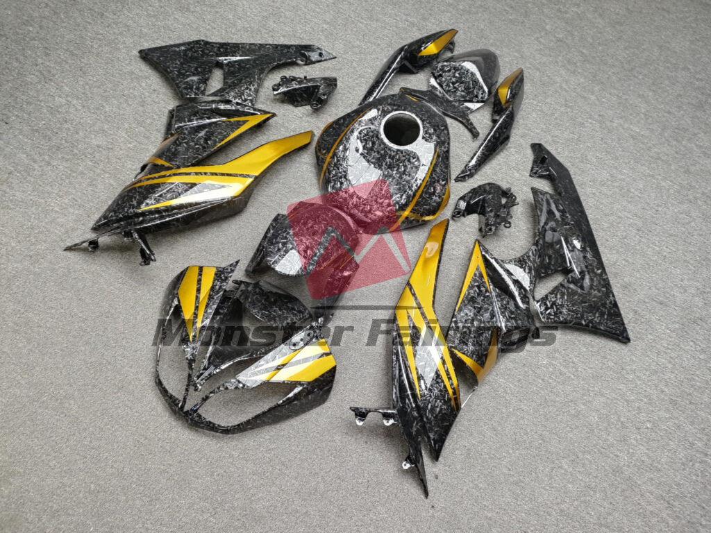 2009 - 2012 Kawasaki ZX6R Gloss Forged Carbon Fiber Style With Gold fairing set - ABS injection, custom painted by Monster Fairings