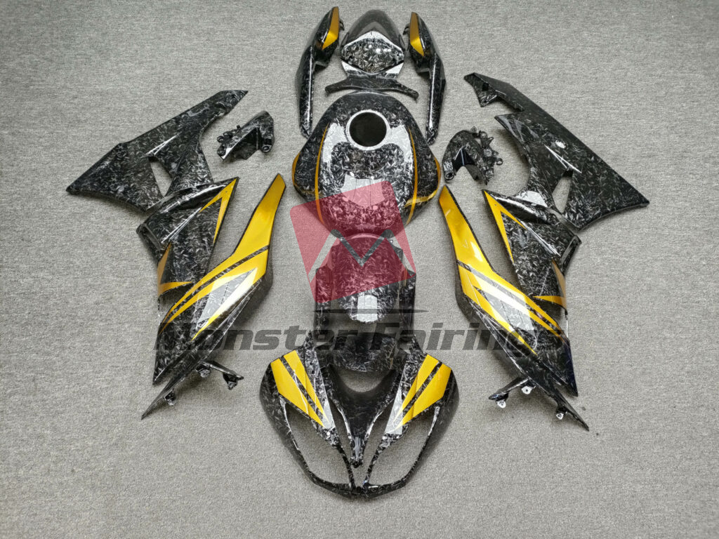 Kawasaki ZX6R 2009 - 2012 Gloss Forged Carbon Fiber Style With Gold ABS fairings - custom motorcycle bodywork kit by Monster Fairings