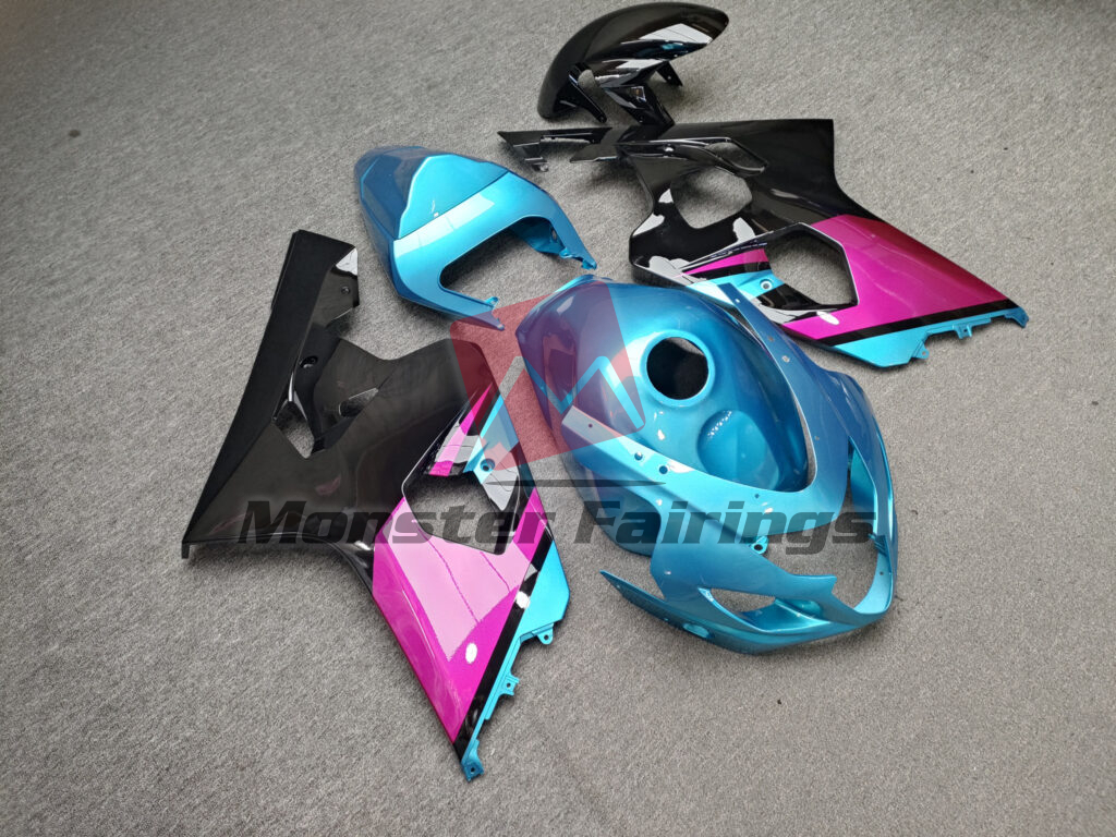 Suzuki GSXR 600 - 750 custom ABS fairings 2004 - 2005 in Gloss Light Blue With Black & Pink - durable replacement kit, Monster Fairings