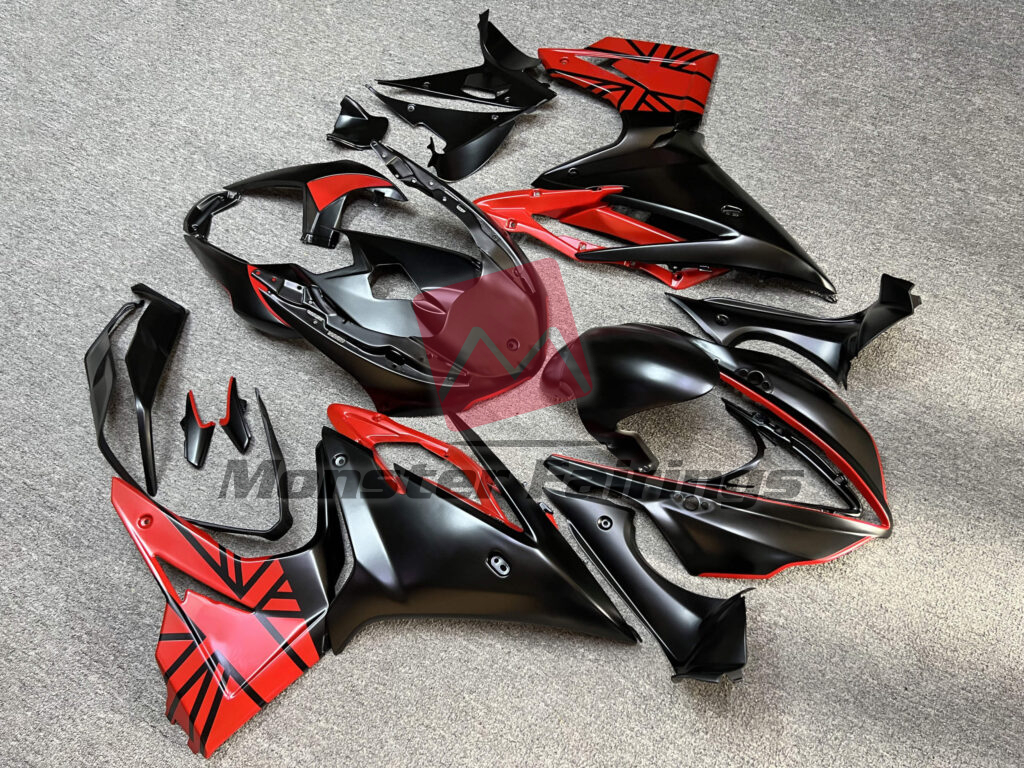 Triumph Daytona 675 custom ABS fairings 2013 - 2017 in Matte Black & Red - durable replacement kit, Monster Fairings