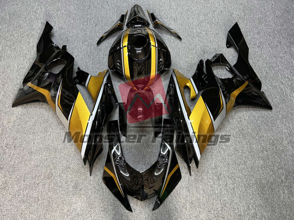 Yamaha R6 2017 - 2022 Gloss Black With Gold & Silver ABS fairings - custom motorcycle bodywork kit by Monster Fairings