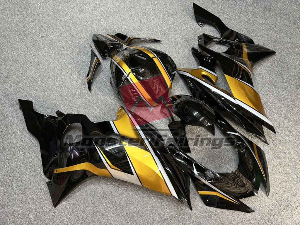 Yamaha R6 custom ABS fairings 2017 - 2022 in Gloss Black With Gold & Silver - durable replacement kit, Monster Fairings