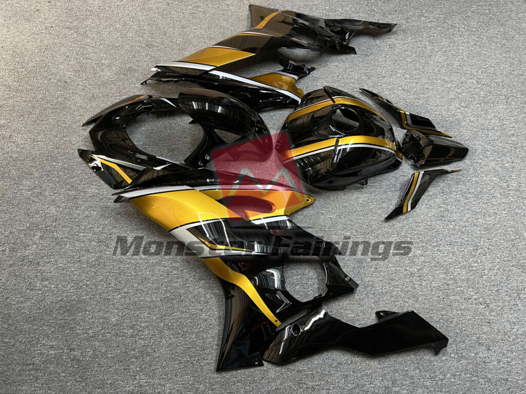 2017 - 2022 Yamaha R6 Gloss Black With Gold & Silver fairing set - ABS injection, custom painted by Monster Fairings