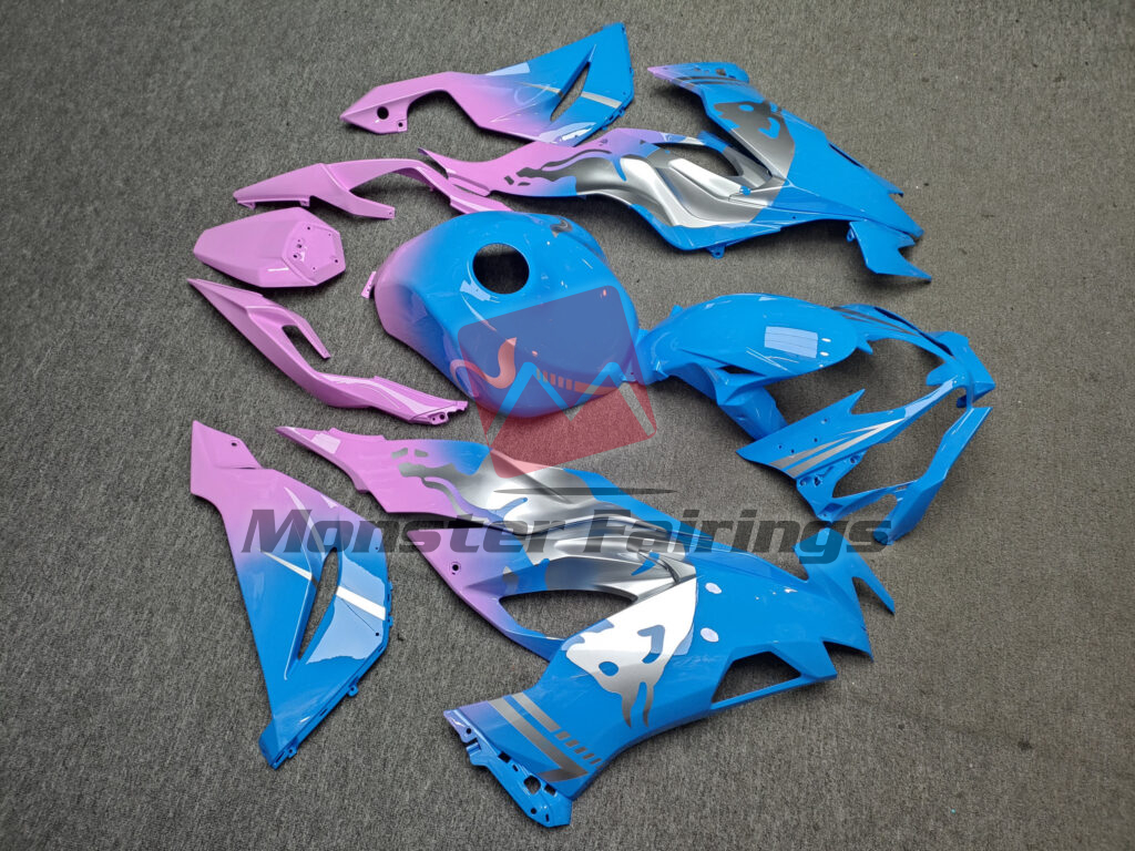 Monster Fairings ABS fairing kit for Kawasaki ZX6R 2019 - 2023 - Gloss Light Blue & Pink Gradient With Silver Bull, precise OEM fit