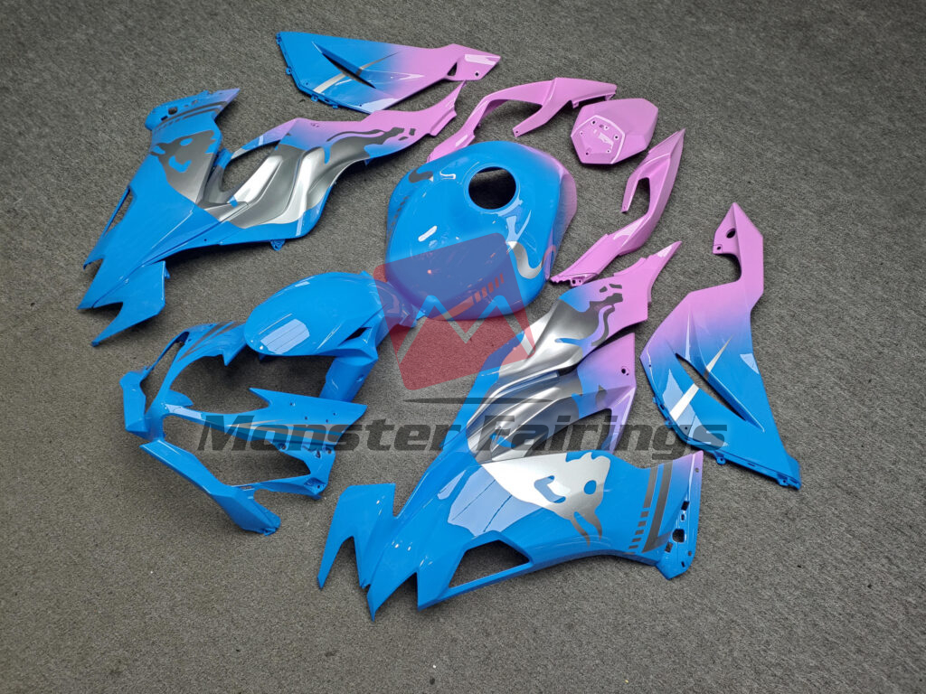 2019 - 2023 Kawasaki ZX6R Gloss Light Blue & Pink Gradient With Silver Bull fairing set - ABS injection, custom painted by Monster Fairings