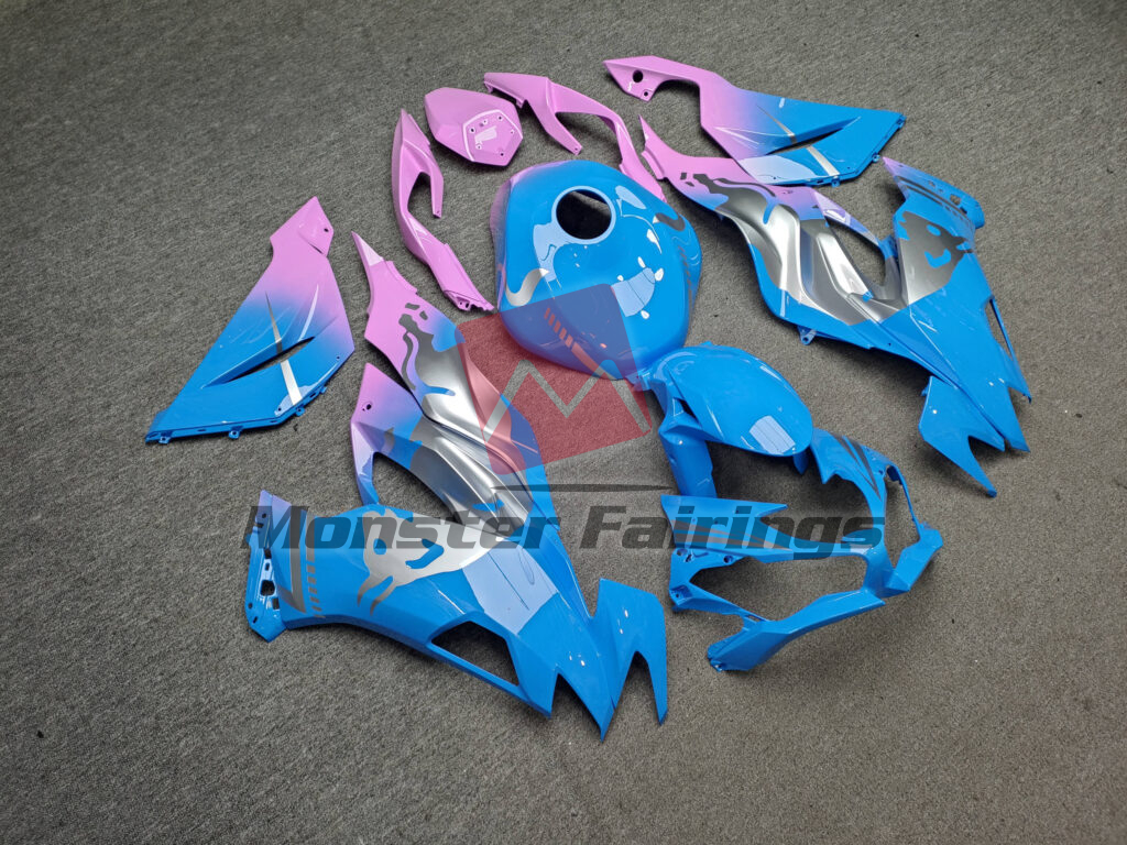 Kawasaki ZX6R custom ABS fairings 2019 - 2023 in Gloss Light Blue & Pink Gradient With Silver Bull - durable replacement kit, Monster Fairings