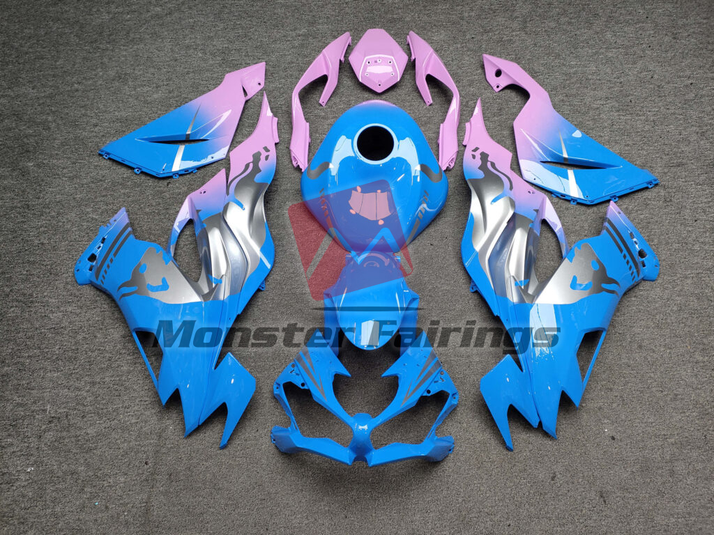 Kawasaki ZX6R 2019 - 2023 Gloss Light Blue & Pink Gradient With Silver Bull ABS fairings - custom motorcycle bodywork kit by Monster Fairings