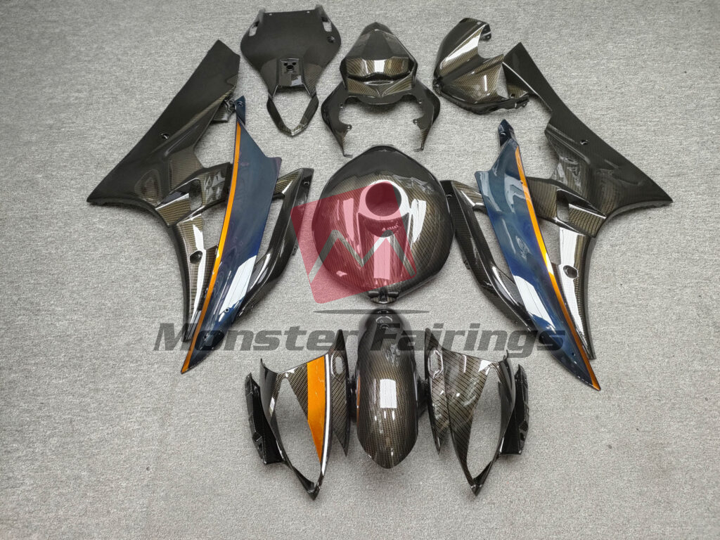Yamaha R6 2006 - 2007 Gloss Carbon Fiber Style With Midnight Blue & Orange ABS fairings - custom motorcycle bodywork kit by Monster Fairings