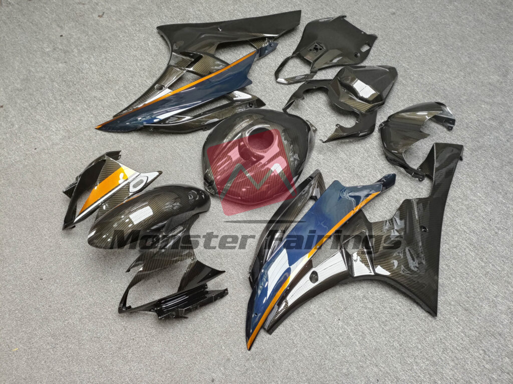 Yamaha R6 custom ABS fairings 2006 - 2007 in Gloss Carbon Fiber Style With Midnight Blue & Orange - durable replacement kit, Monster Fairings