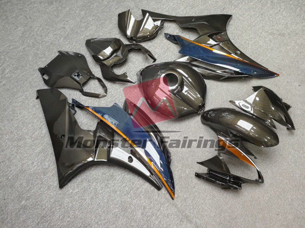 Gloss Carbon Fiber Style With Midnight Blue & Orange ABS fairings for Yamaha R6 2006 - 2007 - premium OEM fit kit by Monster Fairings