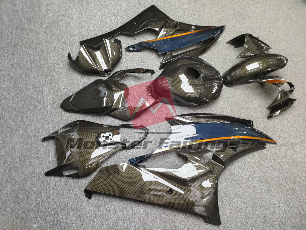 2006 - 2007 Yamaha R6 Gloss Carbon Fiber Style With Midnight Blue & Orange fairing set - ABS injection, custom painted by Monster Fairings