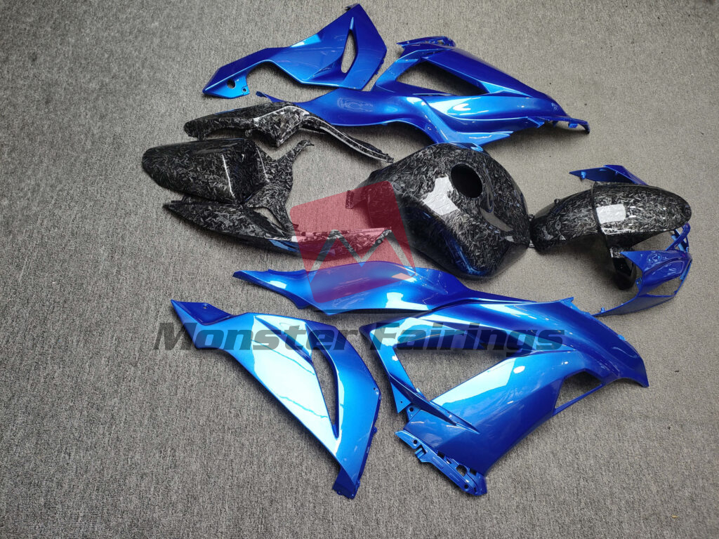 2013 - 2018 Kawasaki ZX6R Gloss Blue With Forged Carbon Fiber Style fairing set - ABS injection, custom painted by Monster Fairings