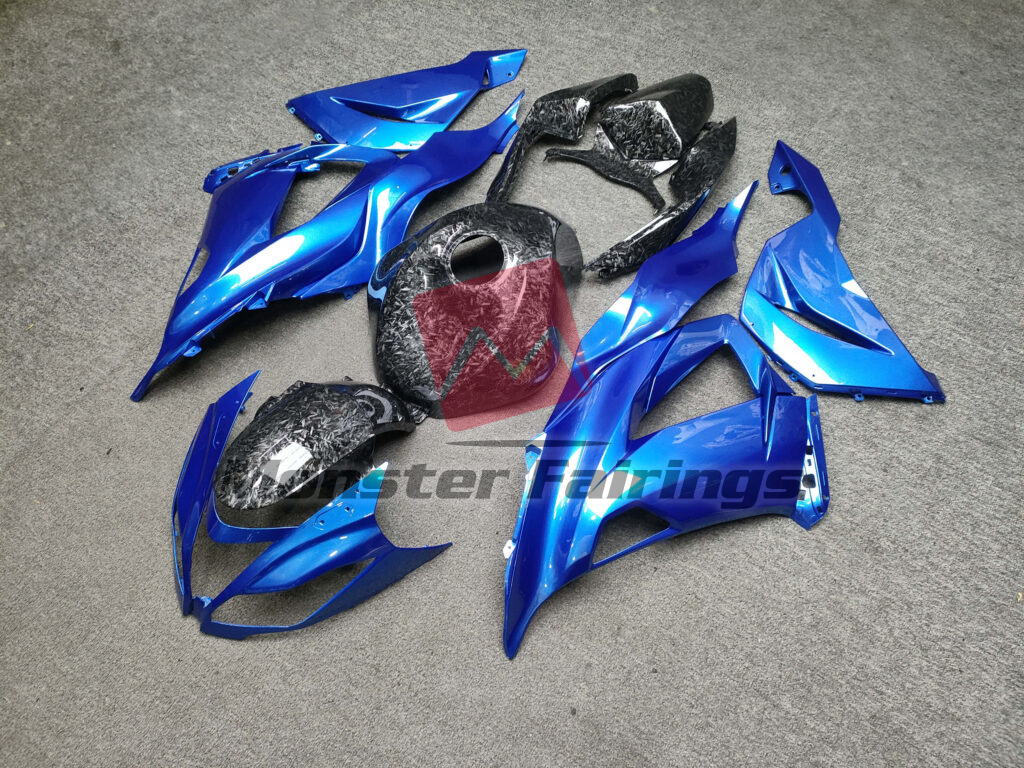 Gloss Blue With Forged Carbon Fiber Style ABS fairings for Kawasaki ZX6R 2013 - 2018 - premium OEM fit kit by Monster Fairings