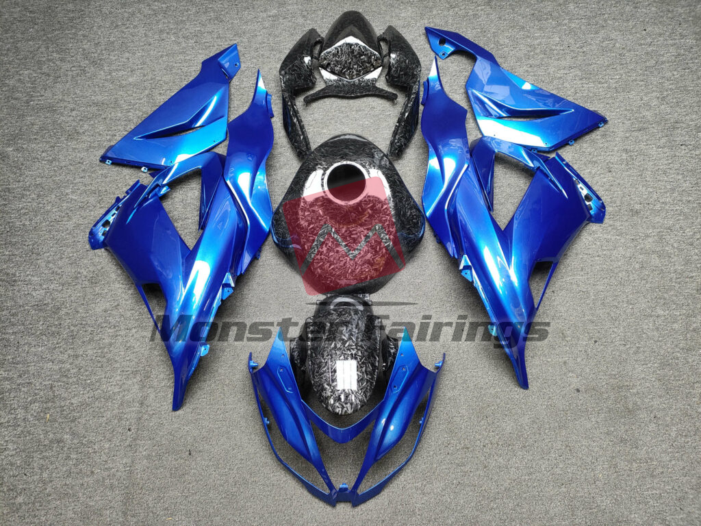 Kawasaki ZX6R 2013 - 2018 Gloss Blue With Forged Carbon Fiber Style ABS fairings - custom motorcycle bodywork kit by Monster Fairings