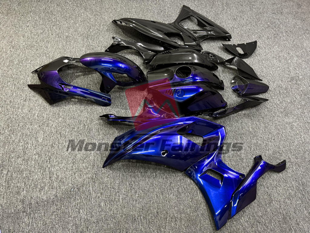 2021 - 2025 Yamaha R7 Gloss Black & Blue Iridescent Split fairing set - ABS injection, custom painted by Monster Fairings